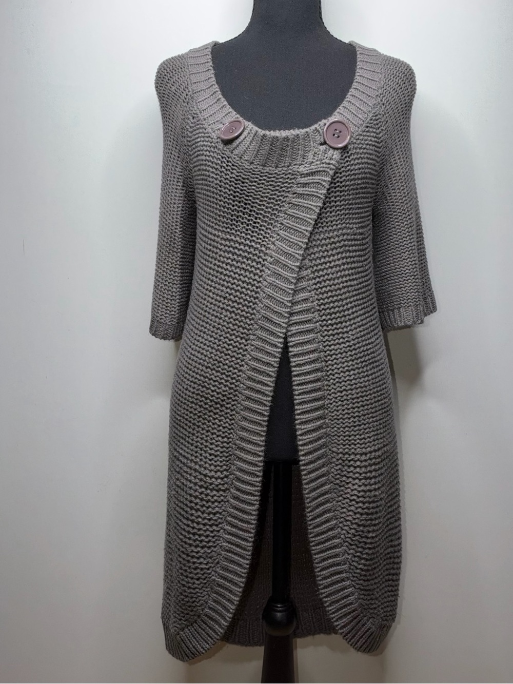 Dolce Gray Open Front Button Midi Cardigan Sweater Size Small